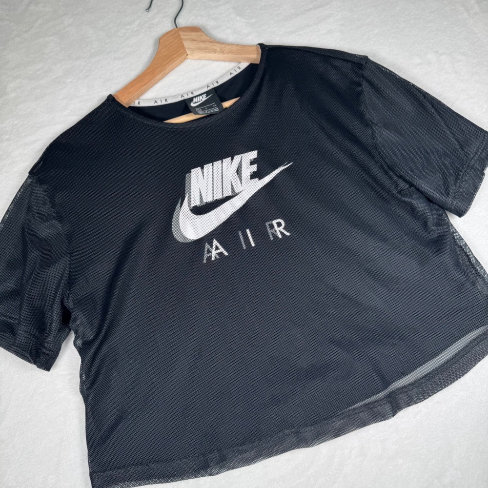 Nike Air Womens Black Mesh Crop Top Short Sleeve Logo T-Shirt CZ8624-010‎ S